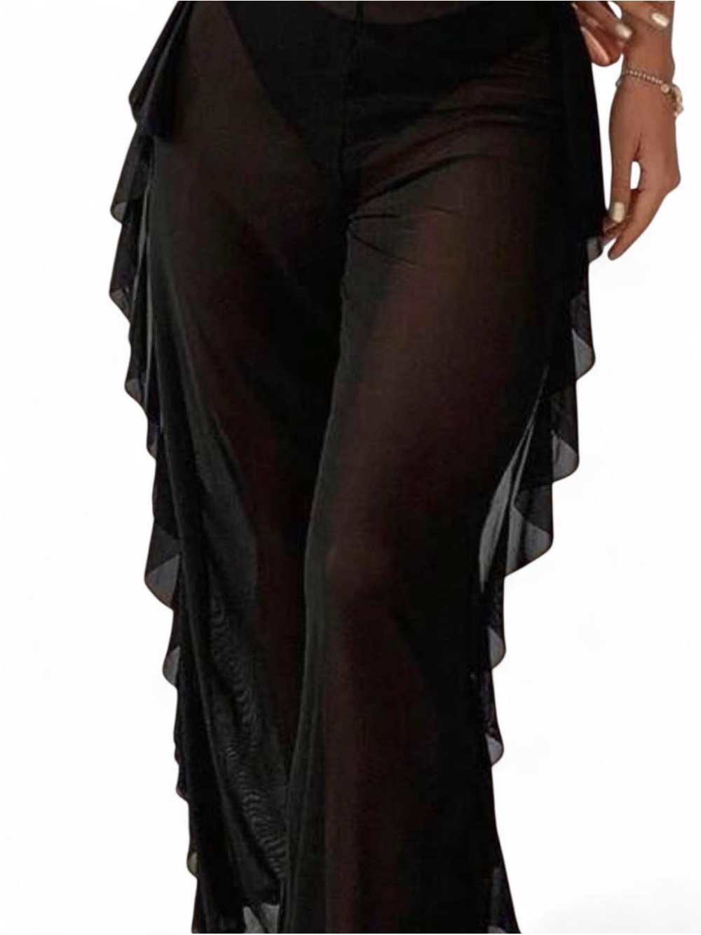 Sheer Ruffle Side Wide-Leg Pants - Black